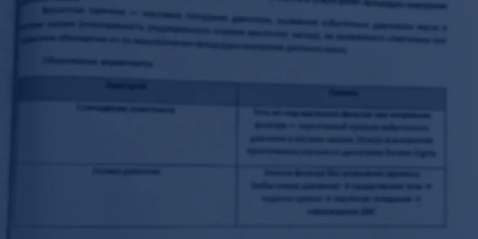 Фрагмент автотехнической экспертизы: таблица версий причин неисправности двигателя