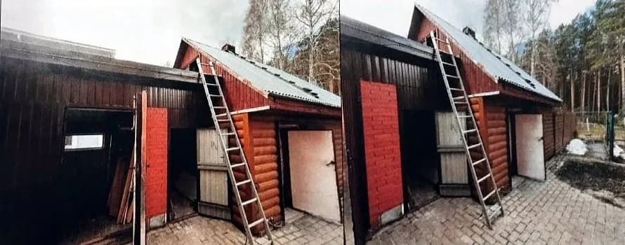 Фото из судебной экспертизы: баня и гараж вдоль смежной границы участков
