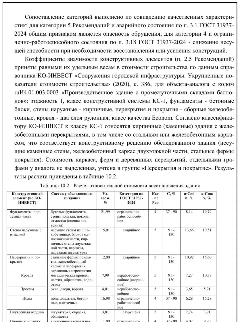 Раздел 10: расчёт относительной стоимости восстановления по элементам