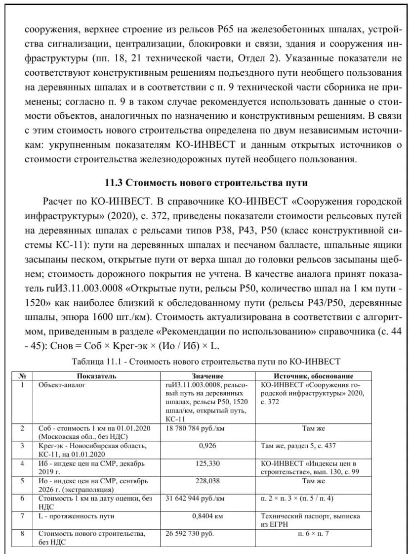 Фрагмент заключения: стоимость нового строительства пути по КО-ИНВЕСТ