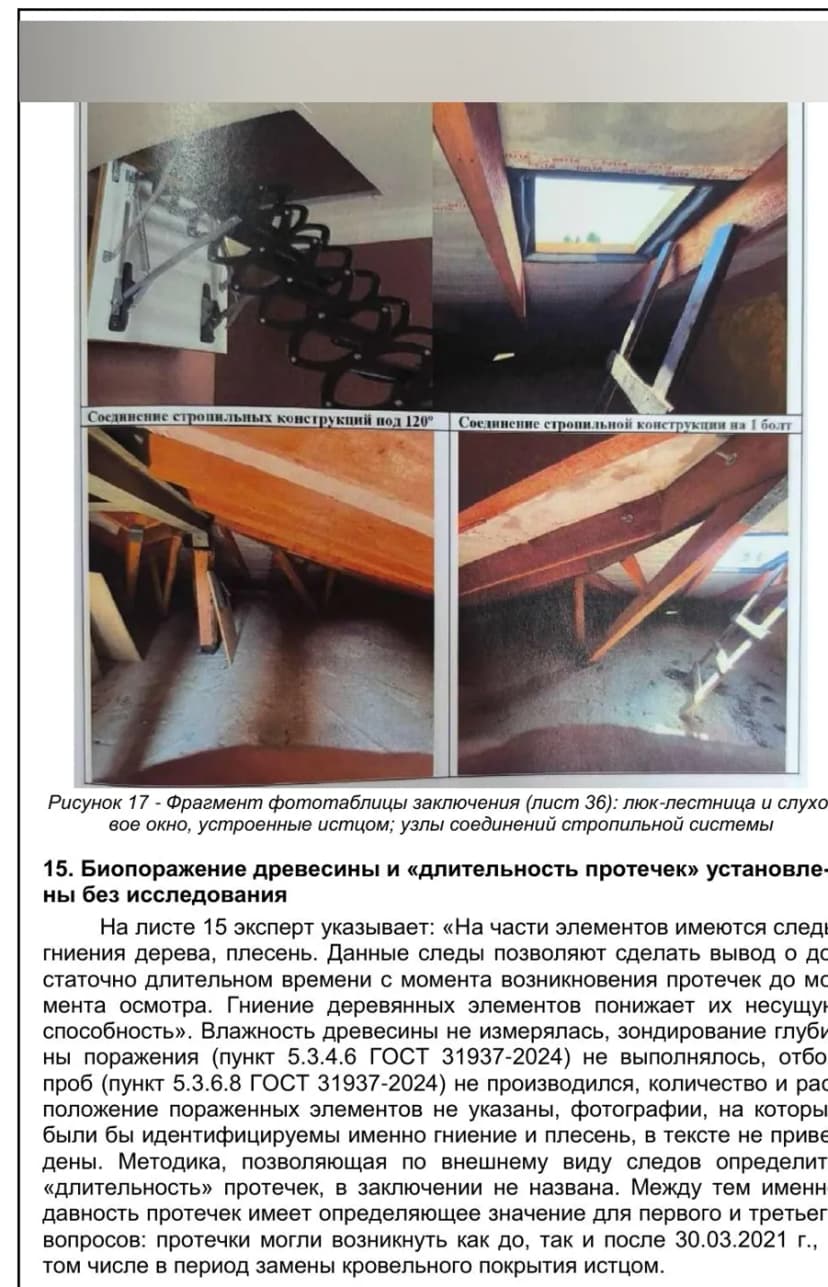 Страница рецензии: фототаблица стропильной системы и биопоражение без исследования