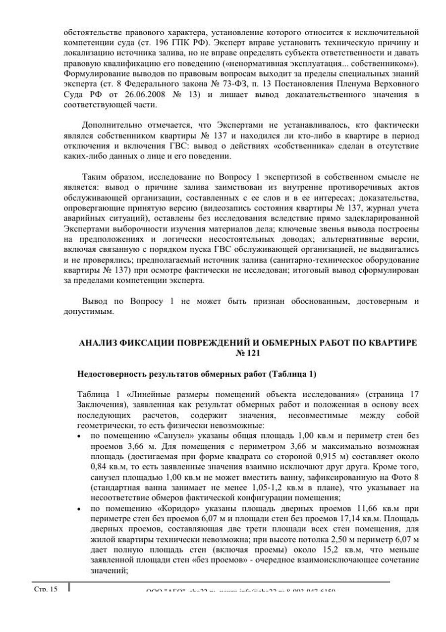 Страница рецензии: анализ обмерной таблицы экспертизы — геометрически невозможные сочетания площадей и периметров